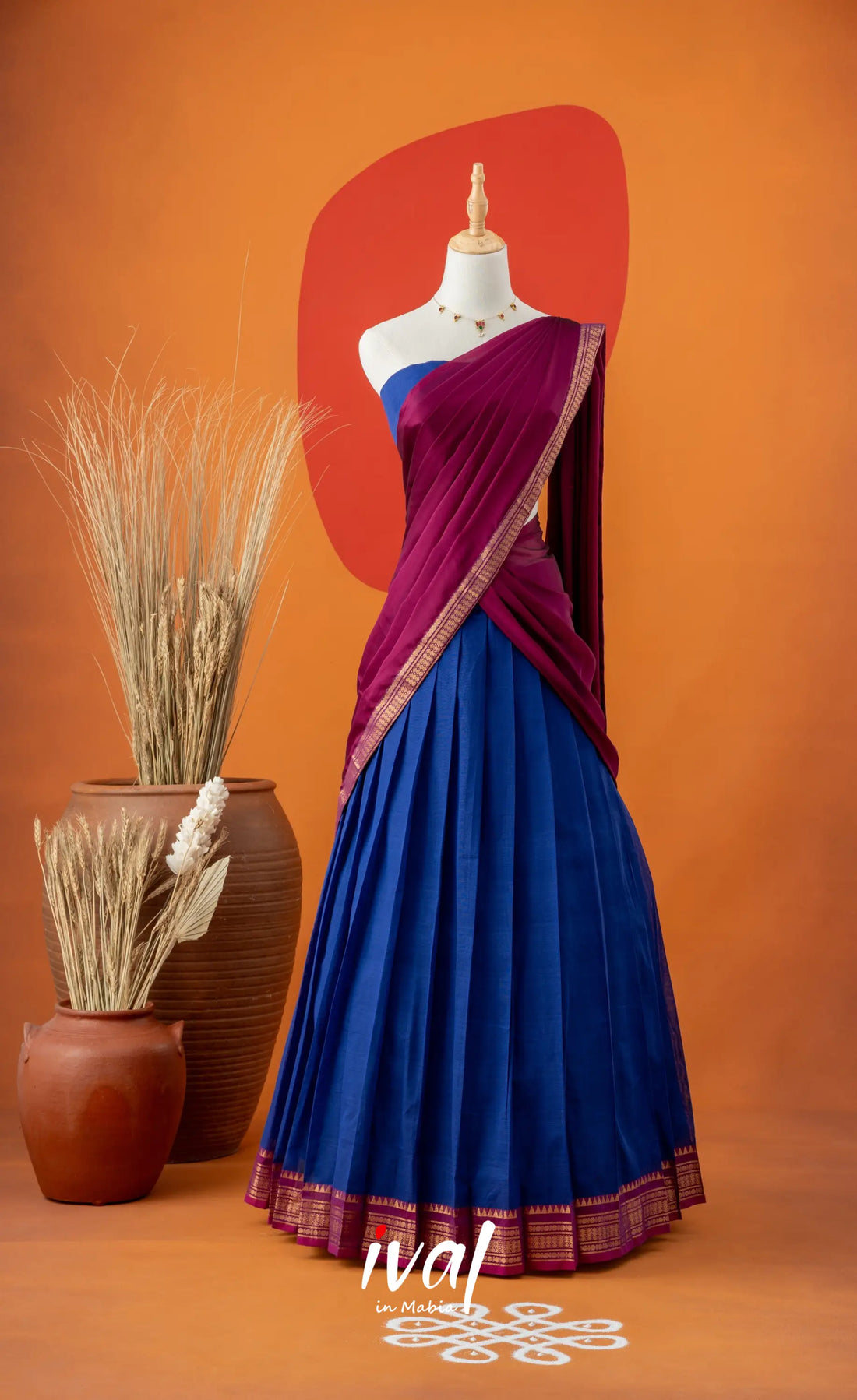Bright Blue with Magenta Pink Semi-Stitched Cotton Halfsaree Half Sarees