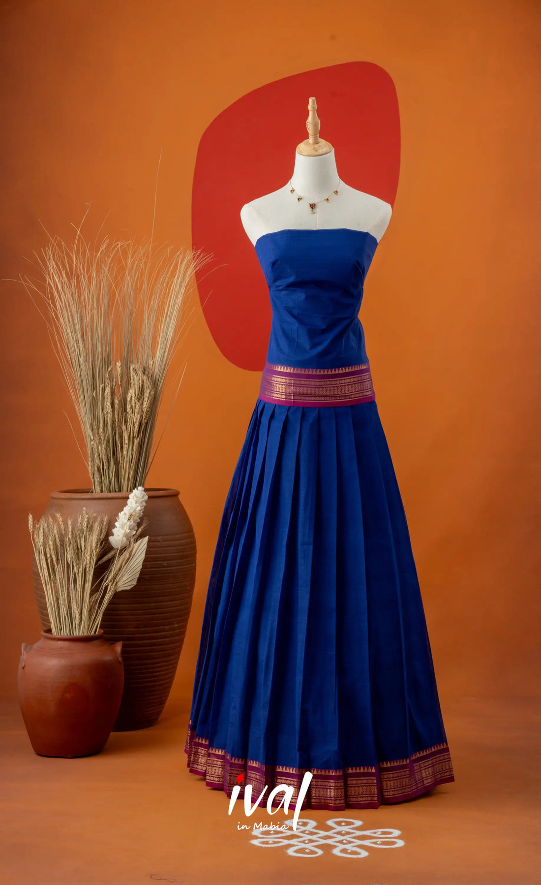 Bright Blue with Magenta Pink Semi-Stitched Cotton Halfsaree Half Sarees