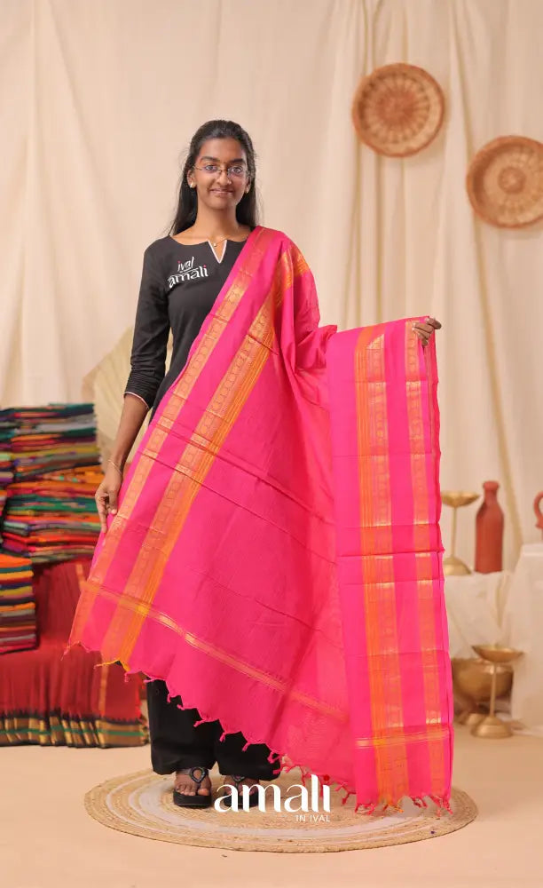 Bright Pink With Gold Chettinad Cotton Dupatta salwar
