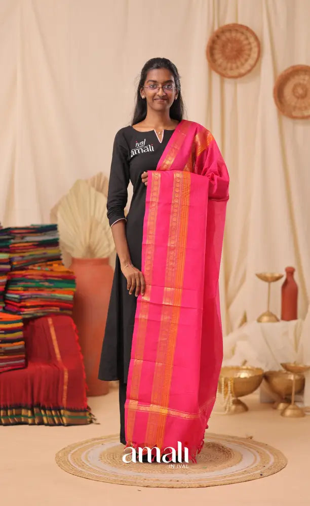 Bright Pink With Gold Chettinad Cotton Dupatta salwar