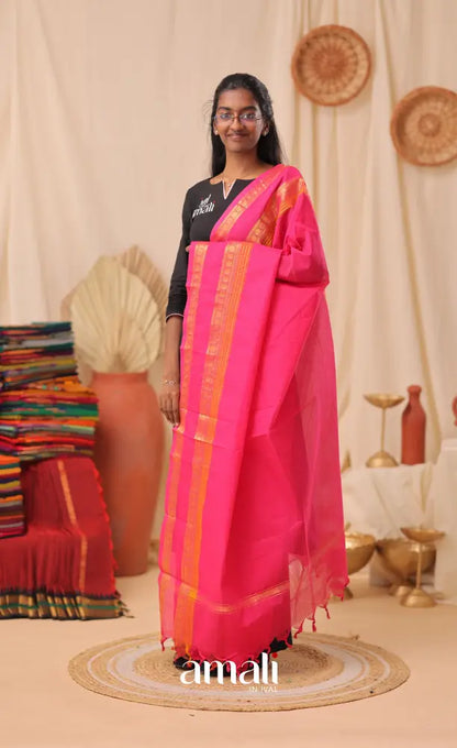 Bright Pink With Gold Chettinad Cotton Dupatta salwar