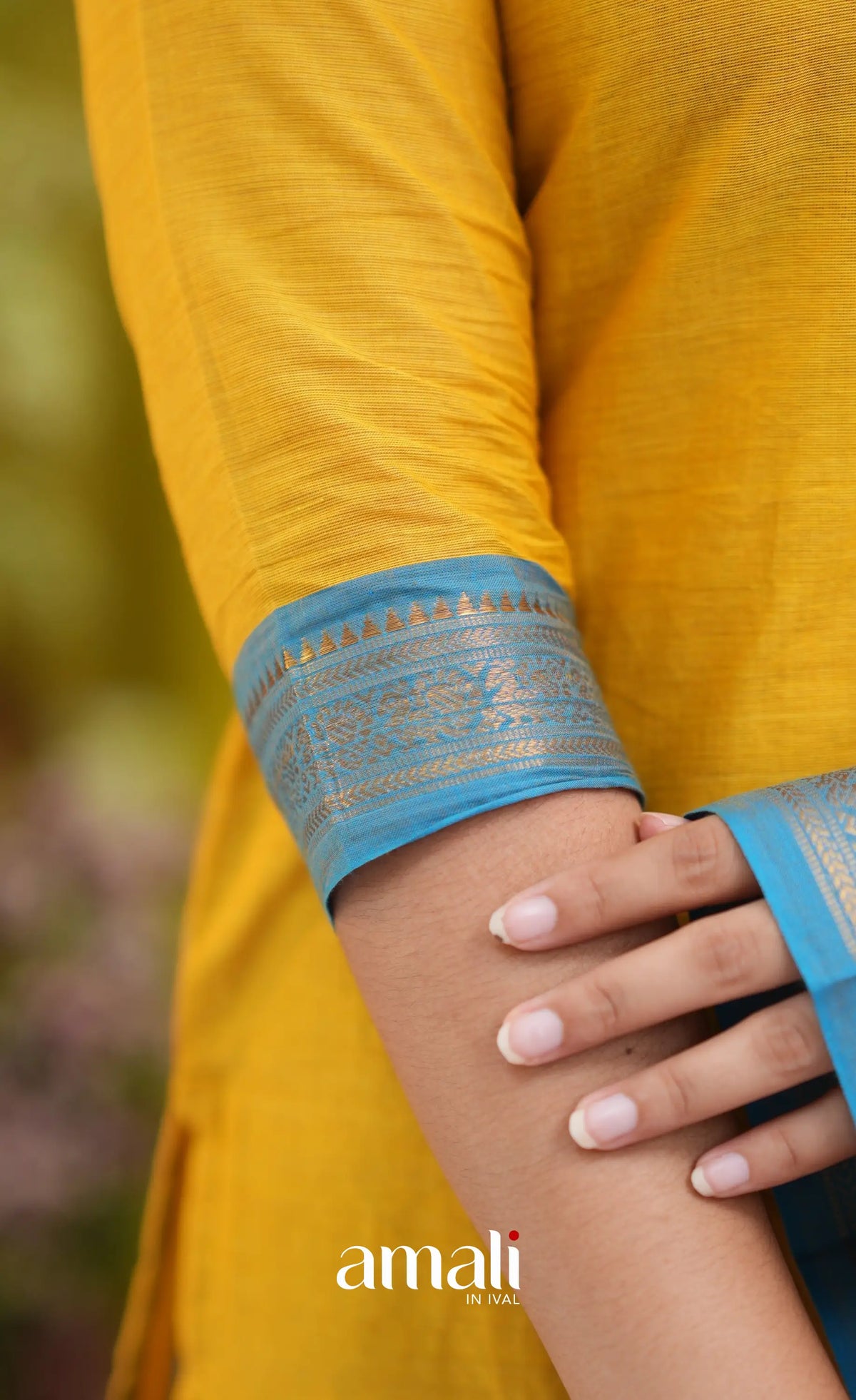 Bright yellow and Light blue Chettinad Cotton Salwar Set - salwar