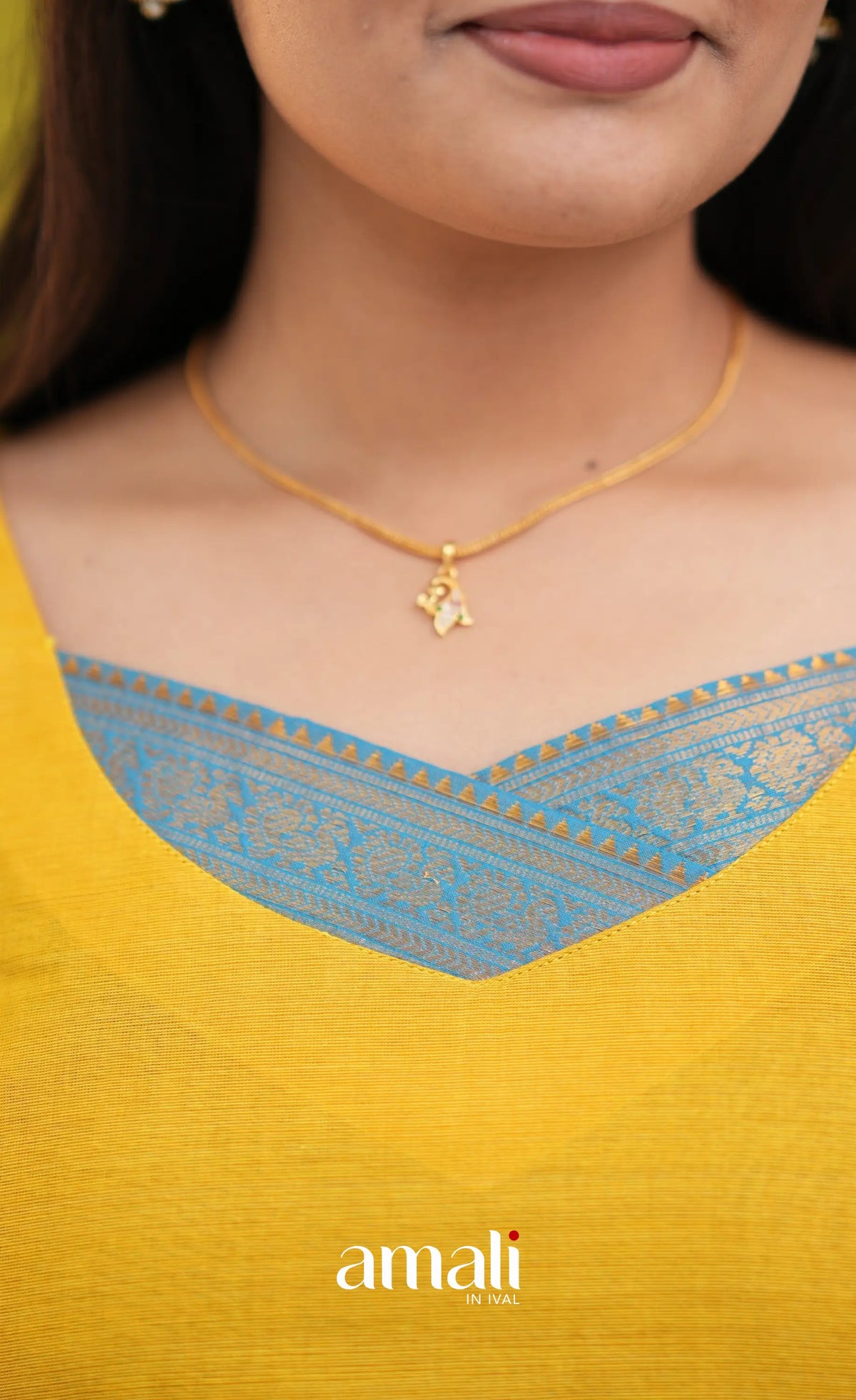 Bright yellow and Light blue Chettinad Cotton Salwar Set - salwar