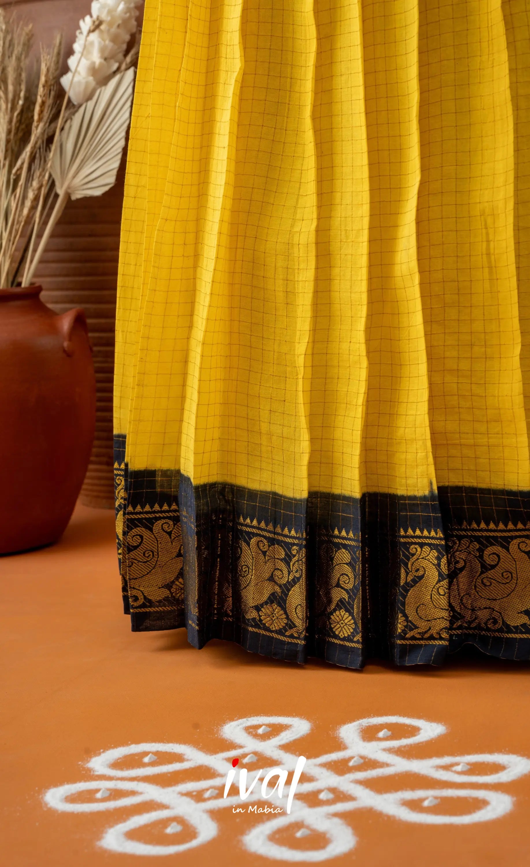 Bright Yellow with Navy Blue Semi-Stitched Cotton Halfsaree Half Sarees
