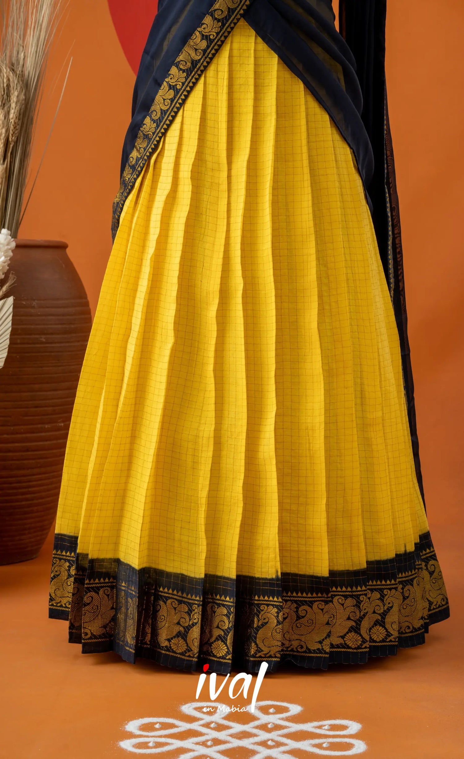 Bright Yellow with Navy Blue Semi-Stitched Cotton Halfsaree Half Sarees
