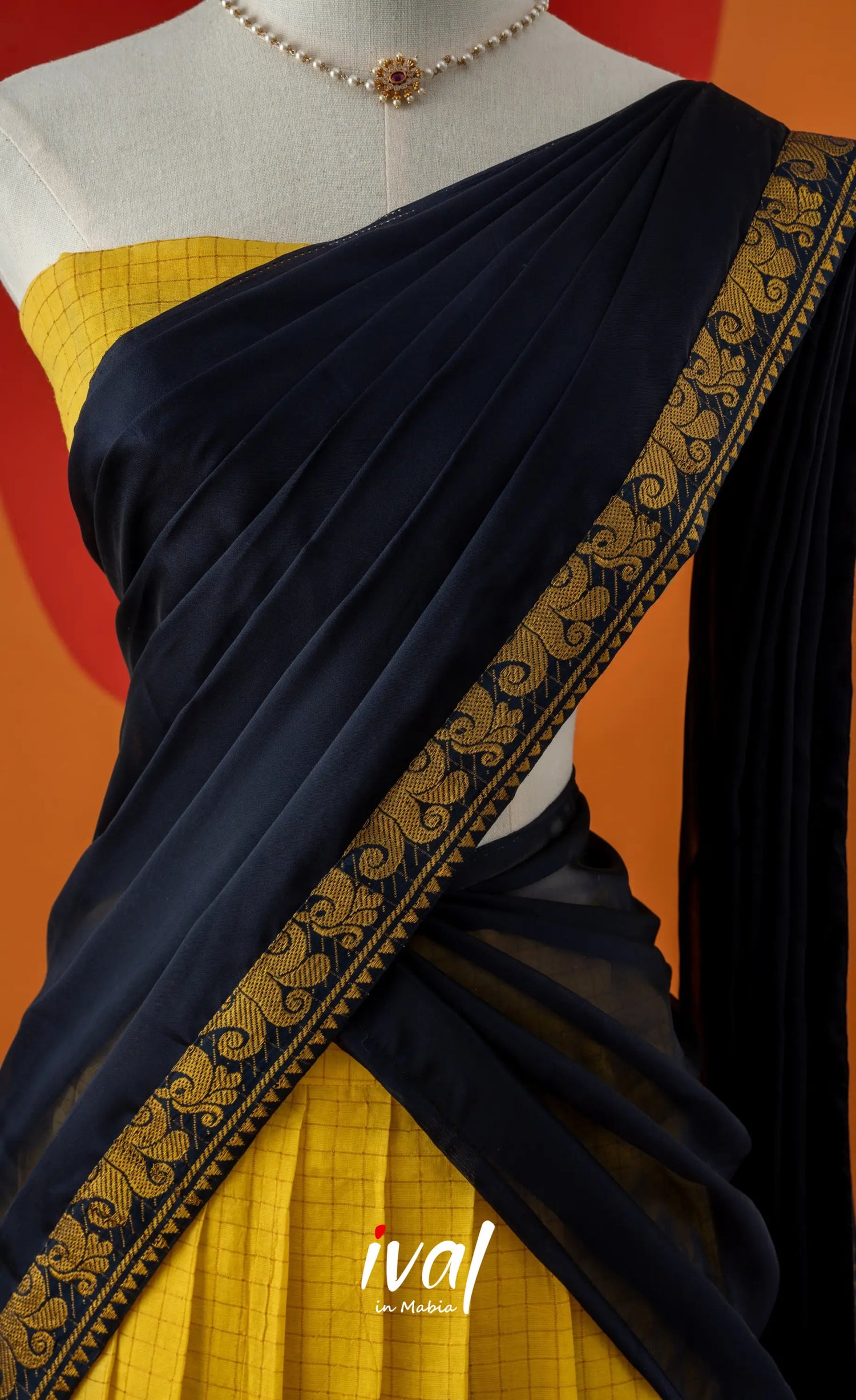 Bright Yellow with Navy Blue Semi-Stitched Cotton Halfsaree Half Sarees
