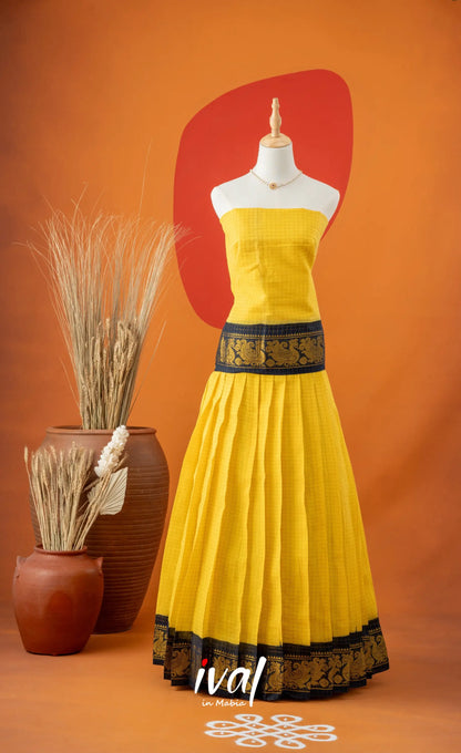 Bright Yellow with Navy Blue Semi-Stitched Cotton Halfsaree Half Sarees