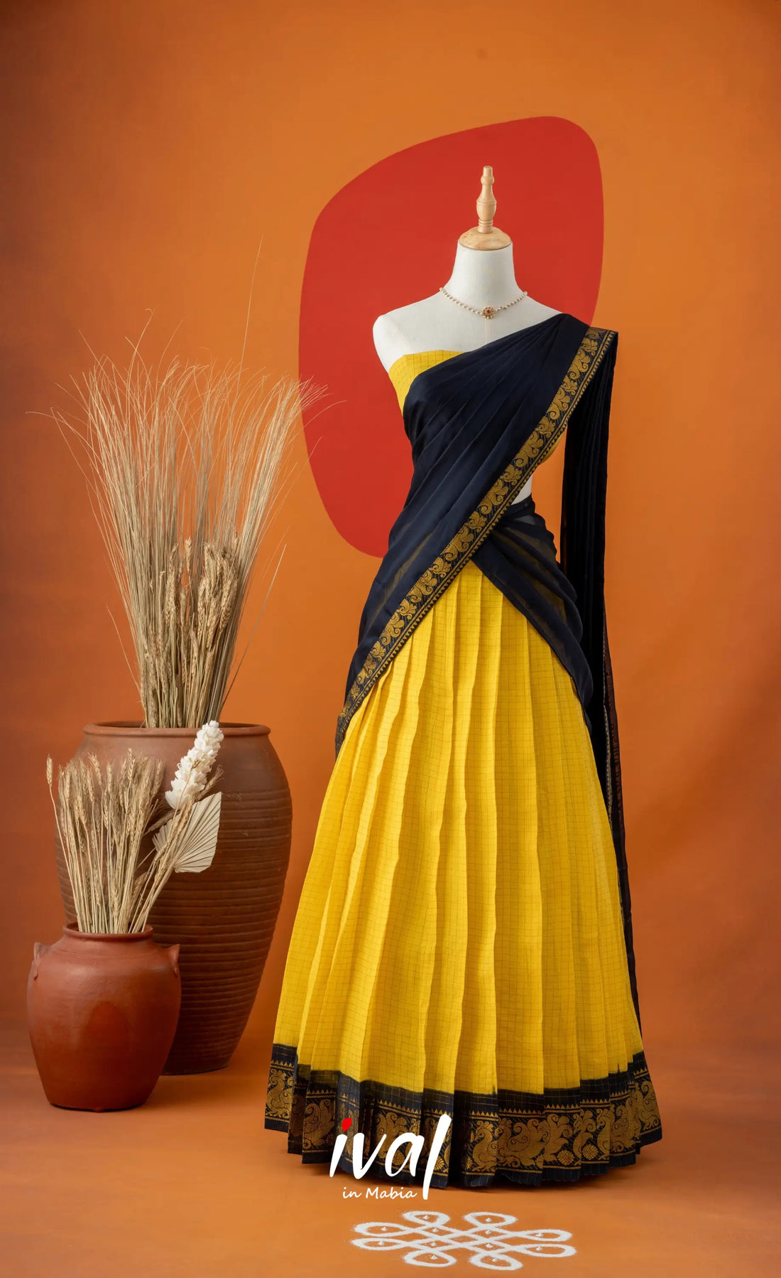 Bright Yellow with Navy Blue Semi-Stitched Cotton Halfsaree Half Sarees