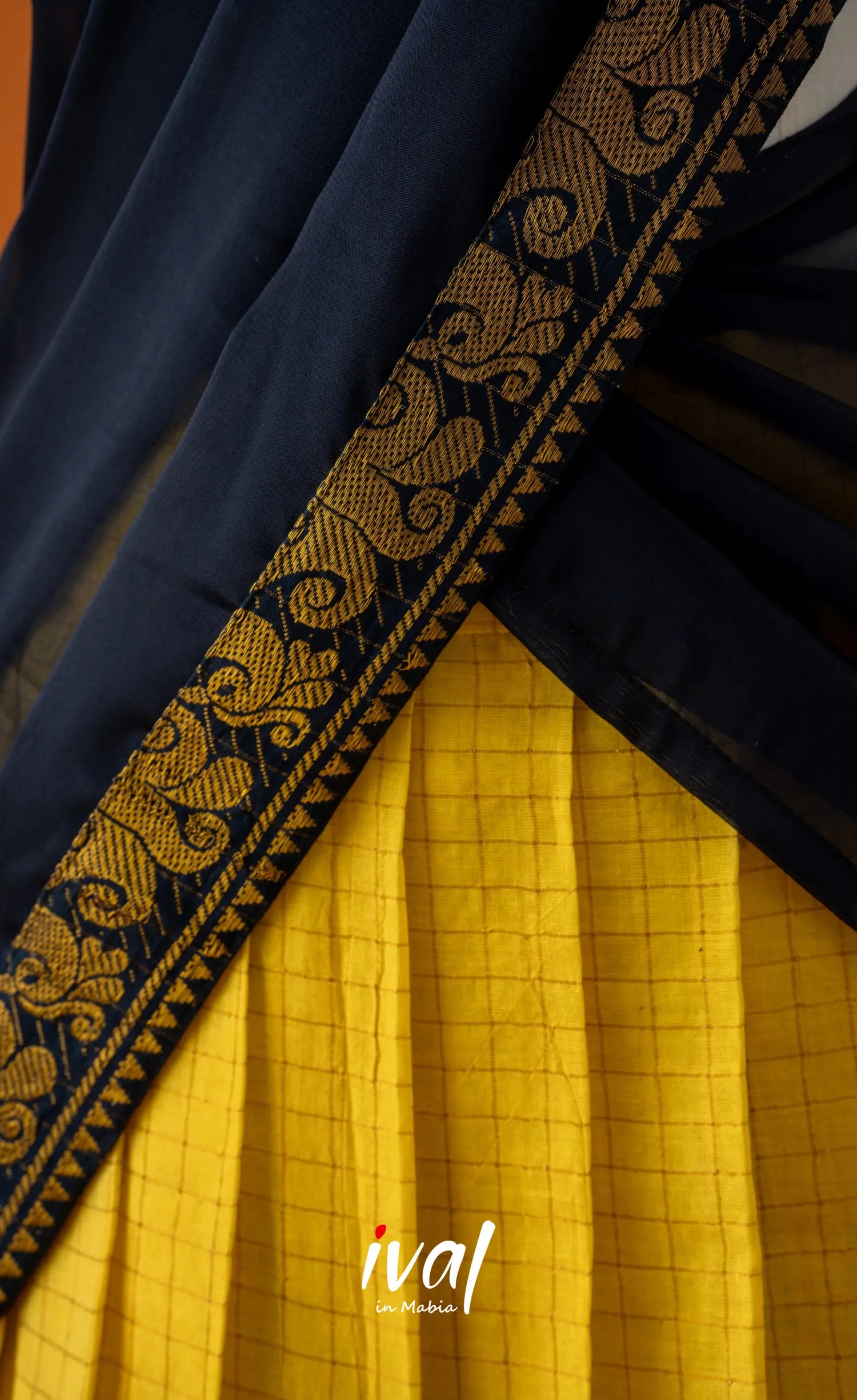 Bright Yellow with Navy Blue Semi-Stitched Cotton Halfsaree Half Sarees