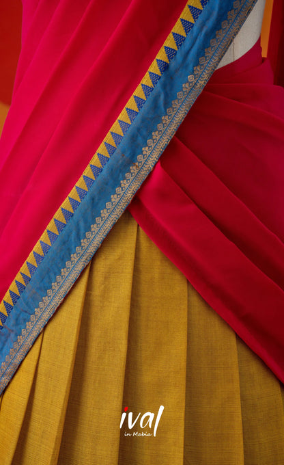 Bright Yellow with Pink Semi-Stitched Cotton Halfsaree Half Sarees