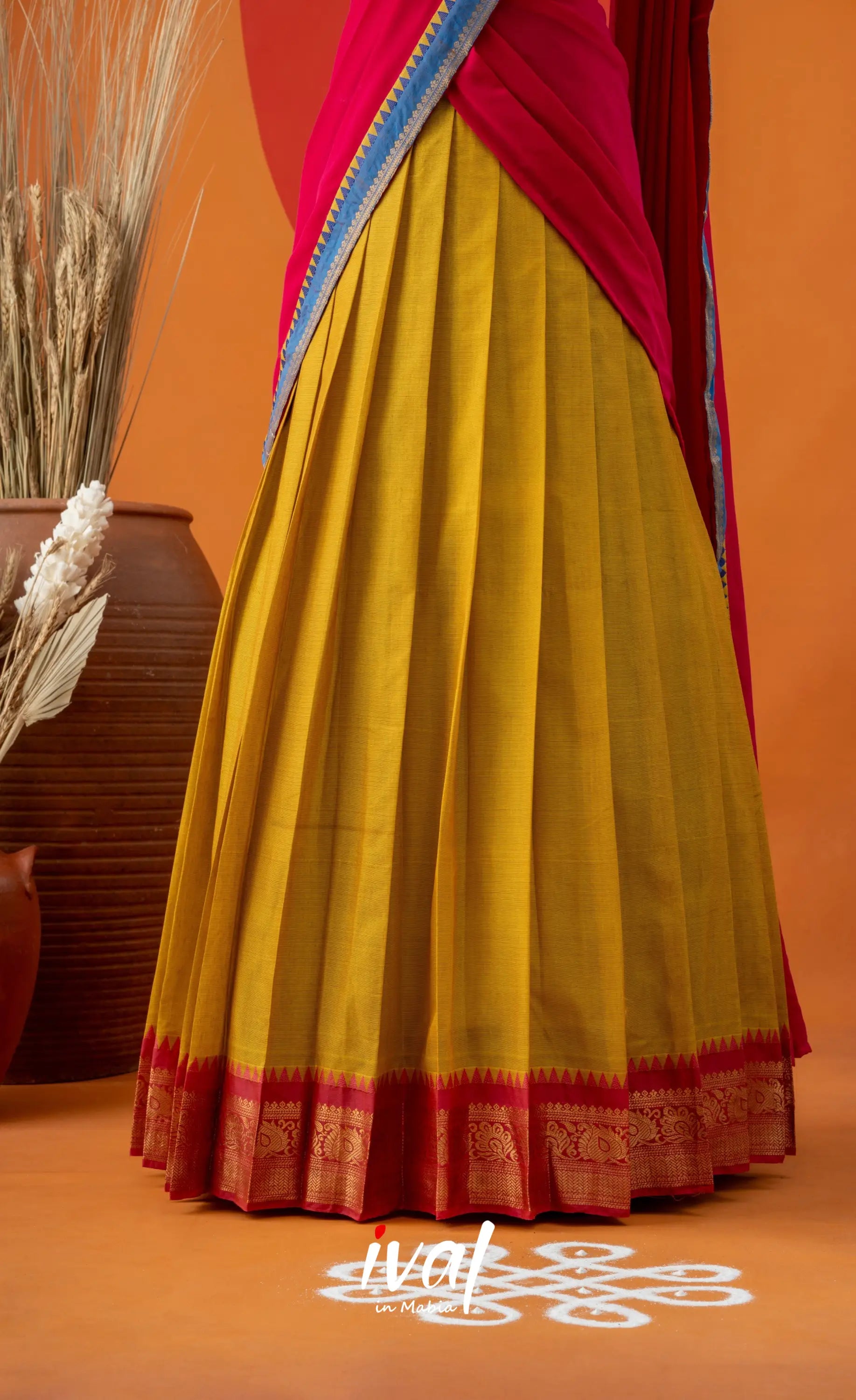 Bright Yellow with Pink Semi-Stitched Cotton Halfsaree Half Sarees