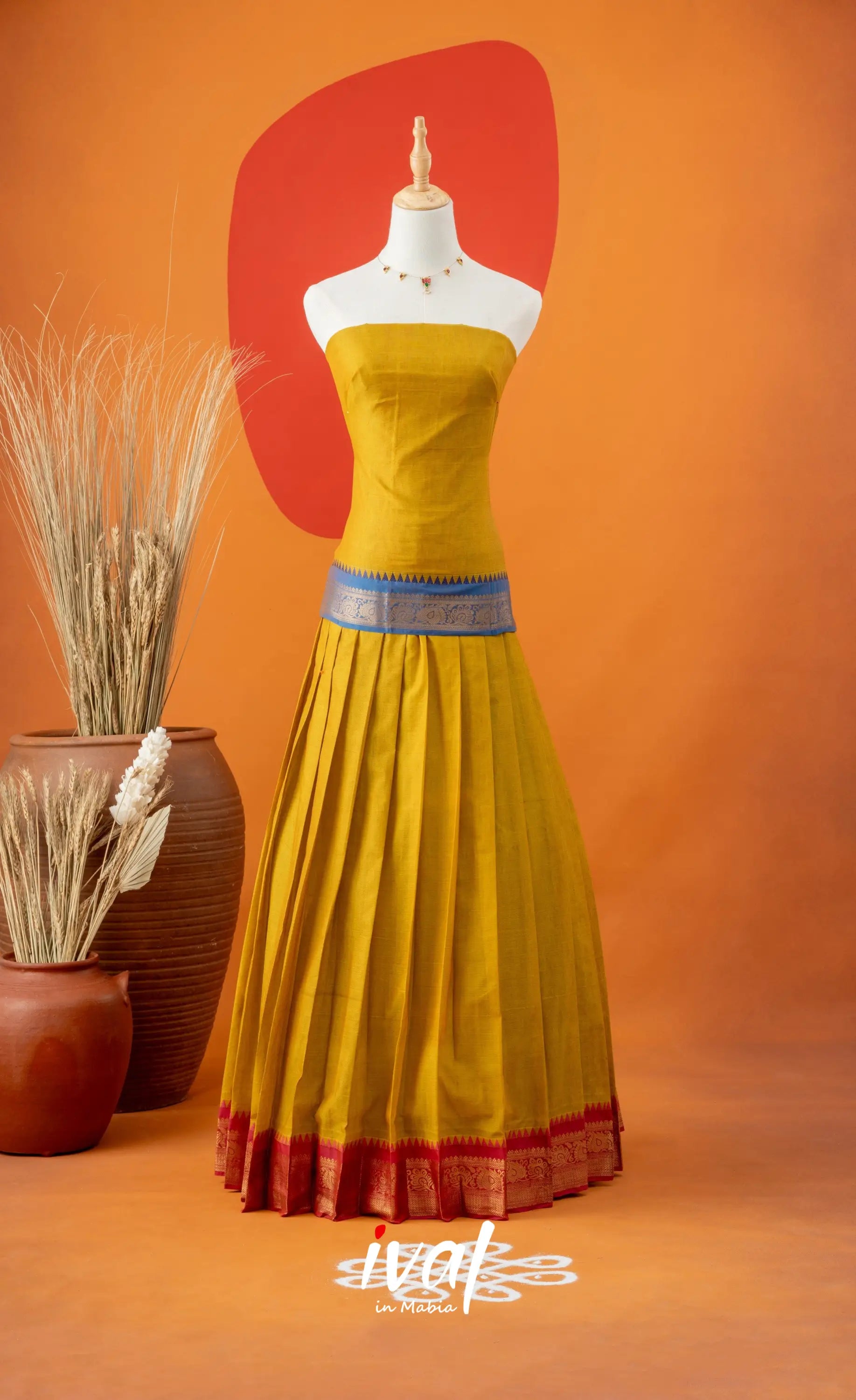 Bright Yellow with Pink Semi-Stitched Cotton Halfsaree Half Sarees