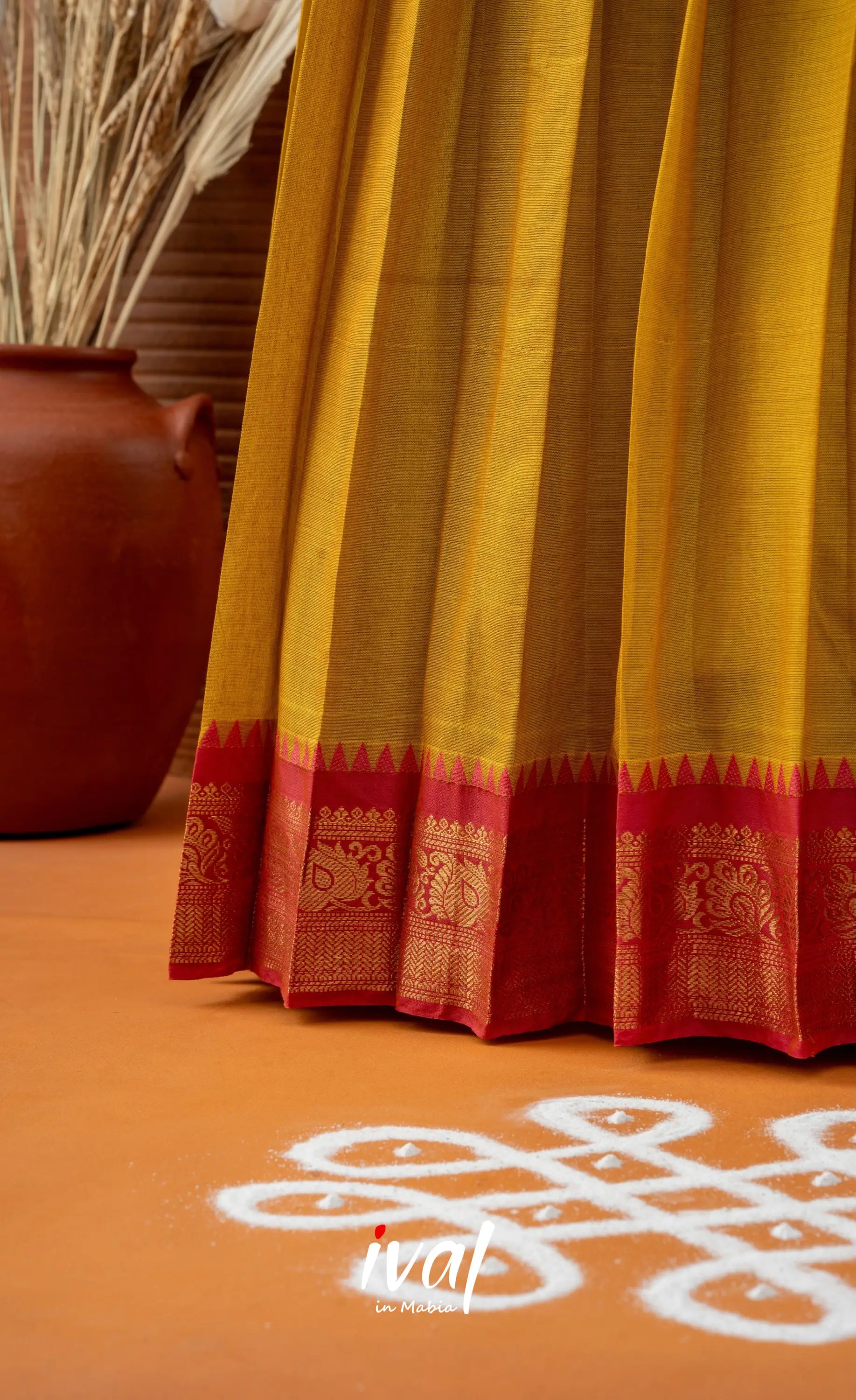 Bright Yellow with Pink Semi-Stitched Cotton Halfsaree Half Sarees