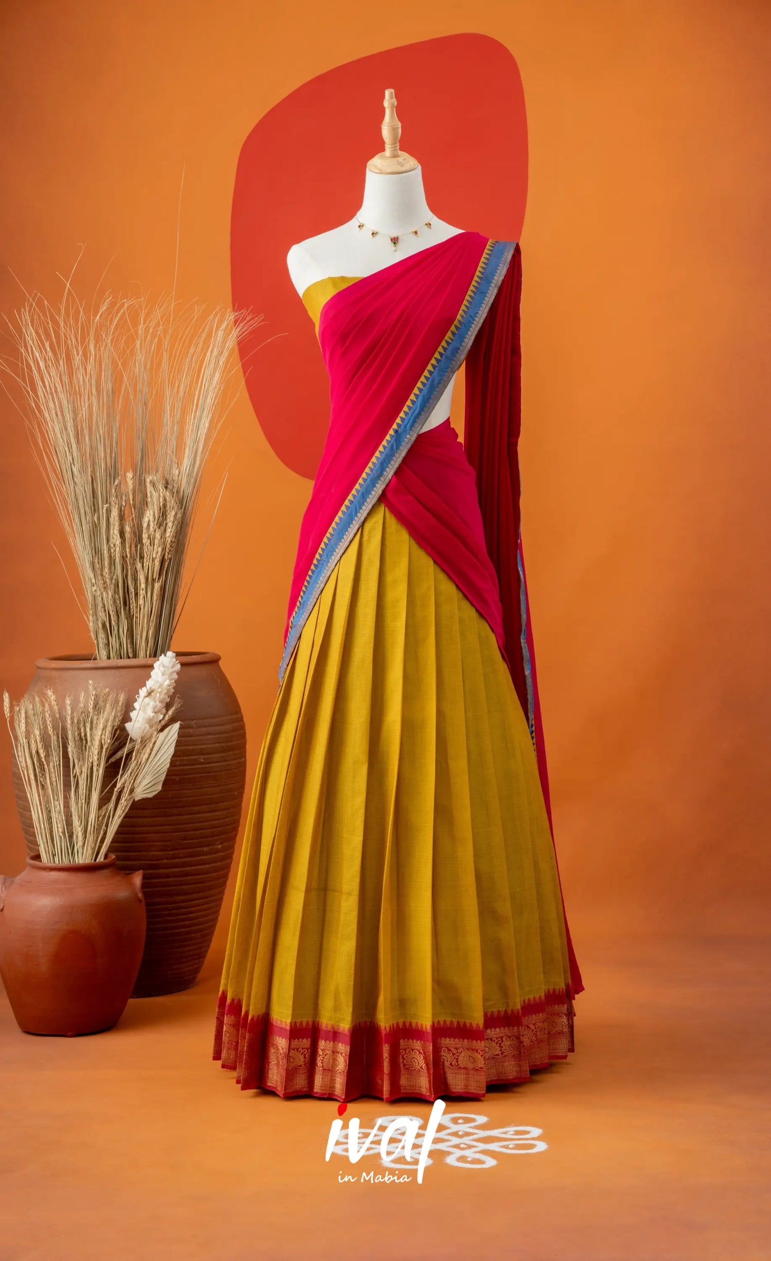 Bright Yellow with Pink Semi-Stitched Cotton Halfsaree Half Sarees