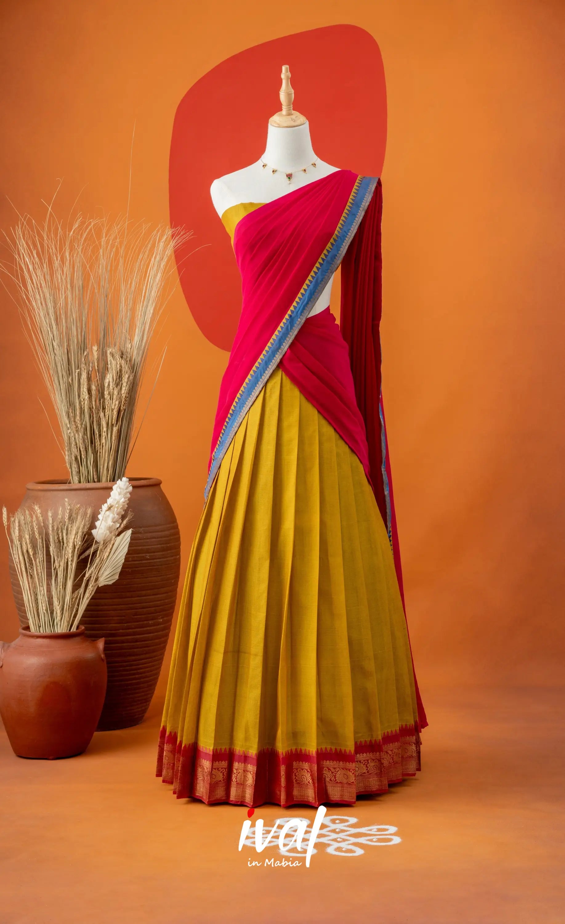 Bright Yellow with Pink Semi-Stitched Cotton Halfsaree Half Sarees