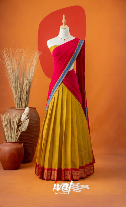 Bright Yellow with Pink Semi-Stitched Cotton Halfsaree Half Sarees
