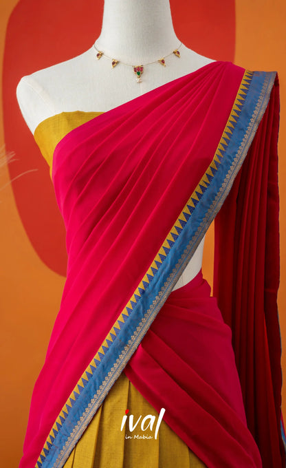 Bright Yellow with Pink Semi-Stitched Cotton Halfsaree Half Sarees