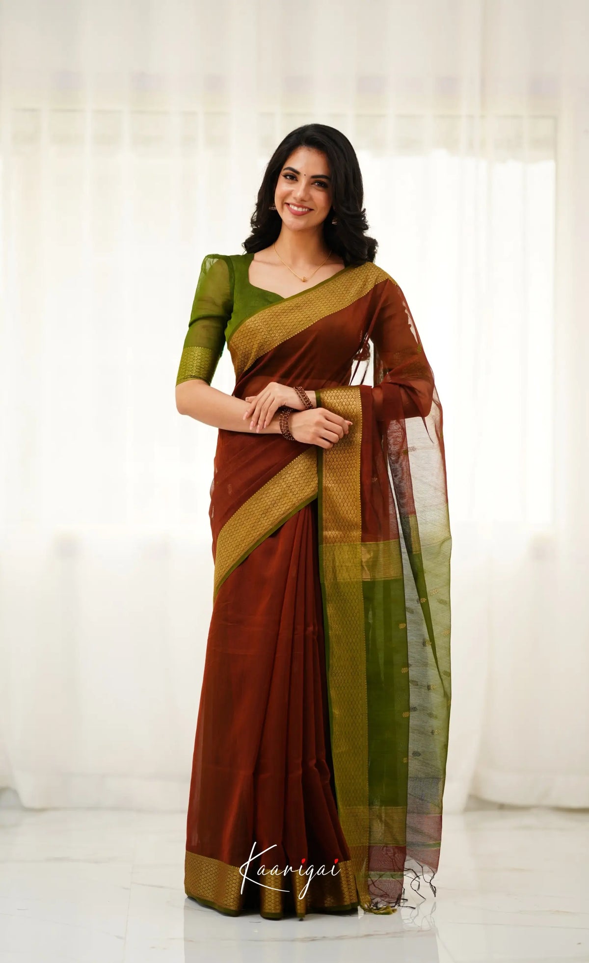 Brown and Olive Green Handloom Maheswari Silk Cotton Saree - Sarees
