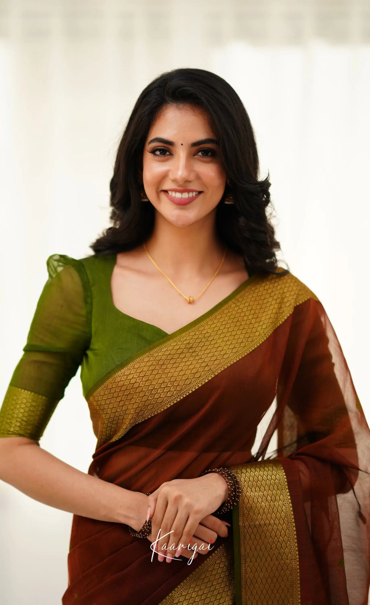 Brown and Olive Green Handloom Maheswari Silk Cotton Saree - Sarees