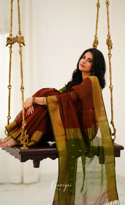 Brown and Olive Green Handloom Maheswari Silk Cotton Saree - Sarees