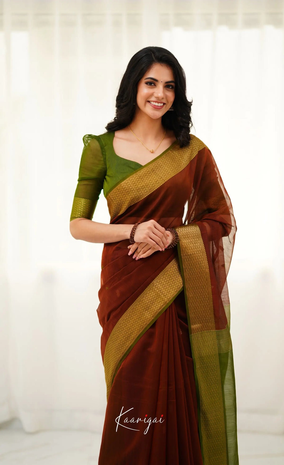 Brown and Olive Green Handloom Maheswari Silk Cotton Saree - Sarees