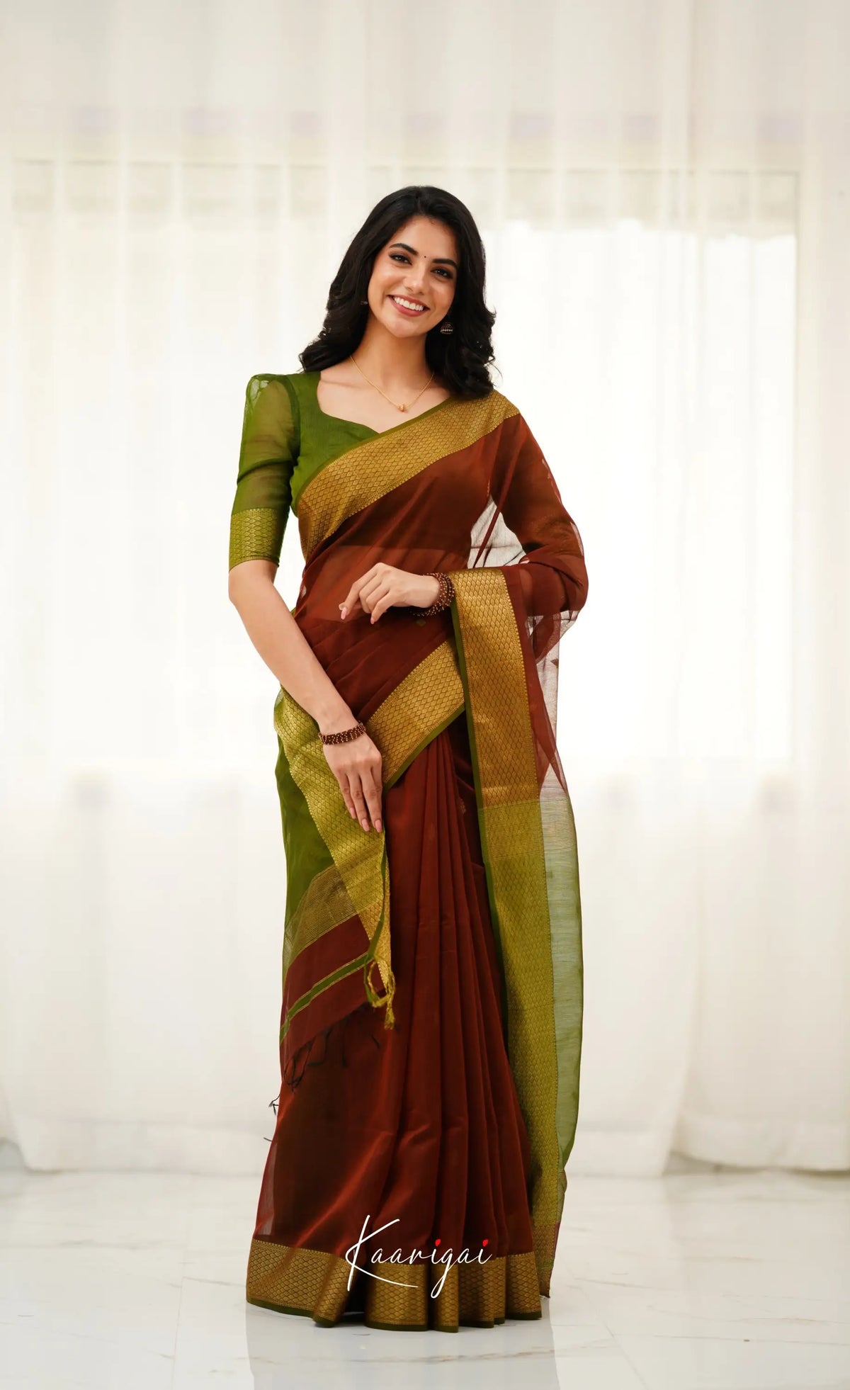 Brown and Olive Green Handloom Maheswari Silk Cotton Saree - Sarees