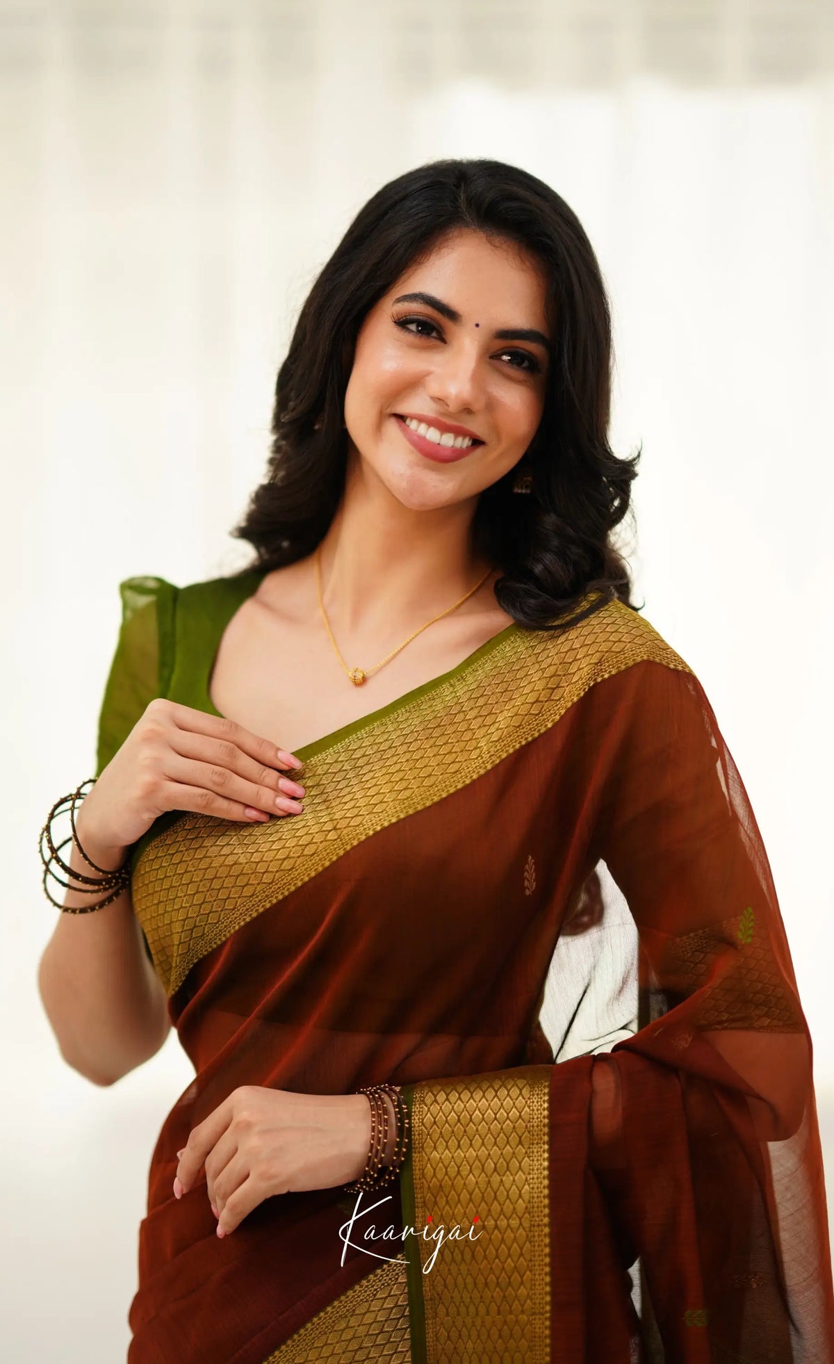 Brown and Olive Green Handloom Maheswari Silk Cotton Saree - Sarees