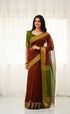 Brown and Olive Green Handloom Maheswari Silk Cotton Saree - Sarees