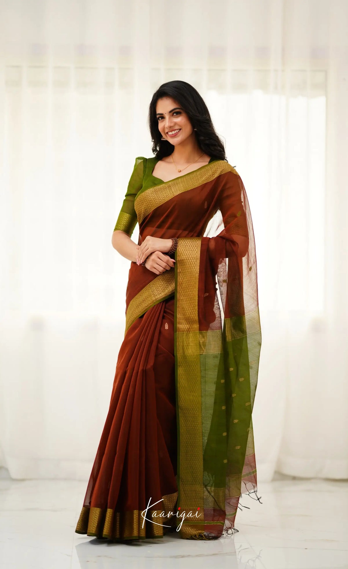 Brown and Olive Green Handloom Maheswari Silk Cotton Saree - Sarees