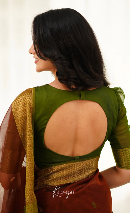 Brown and Olive Green Handloom Maheswari Silk Cotton Saree - Sarees