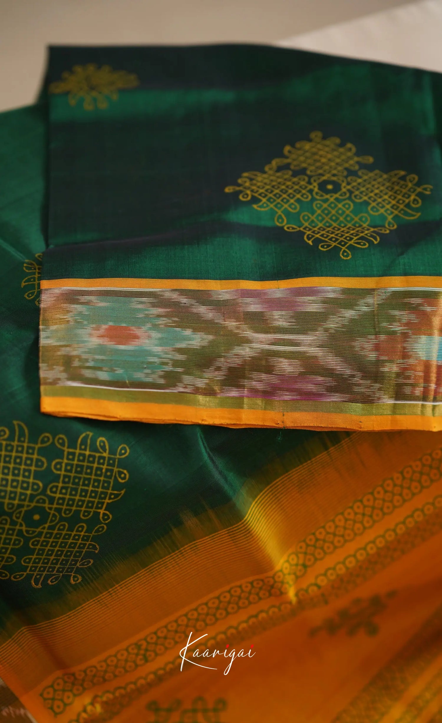 Chaarvi- Bottle Green With Mustard Kanchi Silk Cotton Saree Sarees