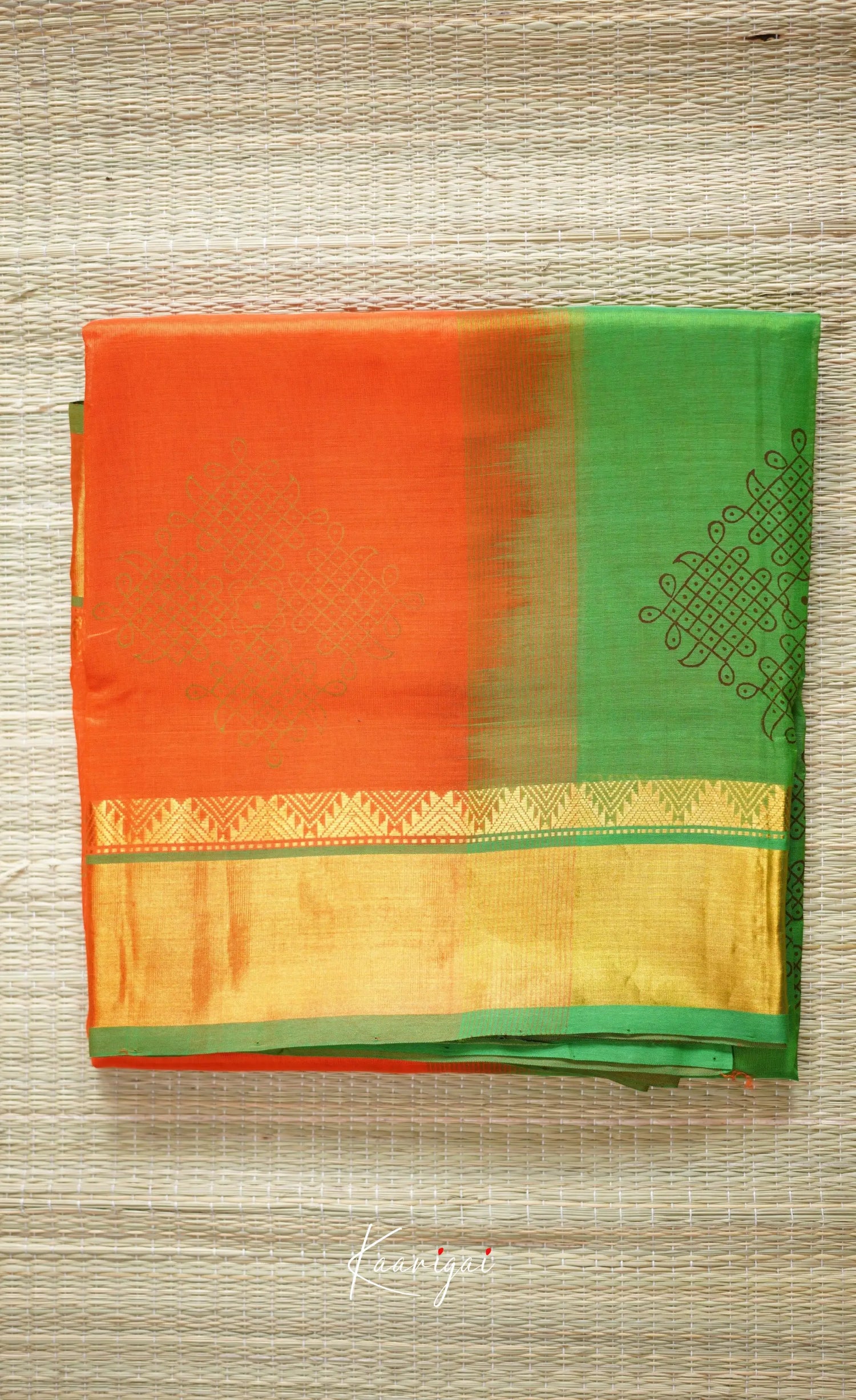 Chaarvi- Orange With Green Kanchi Silk Cotton Saree Sarees