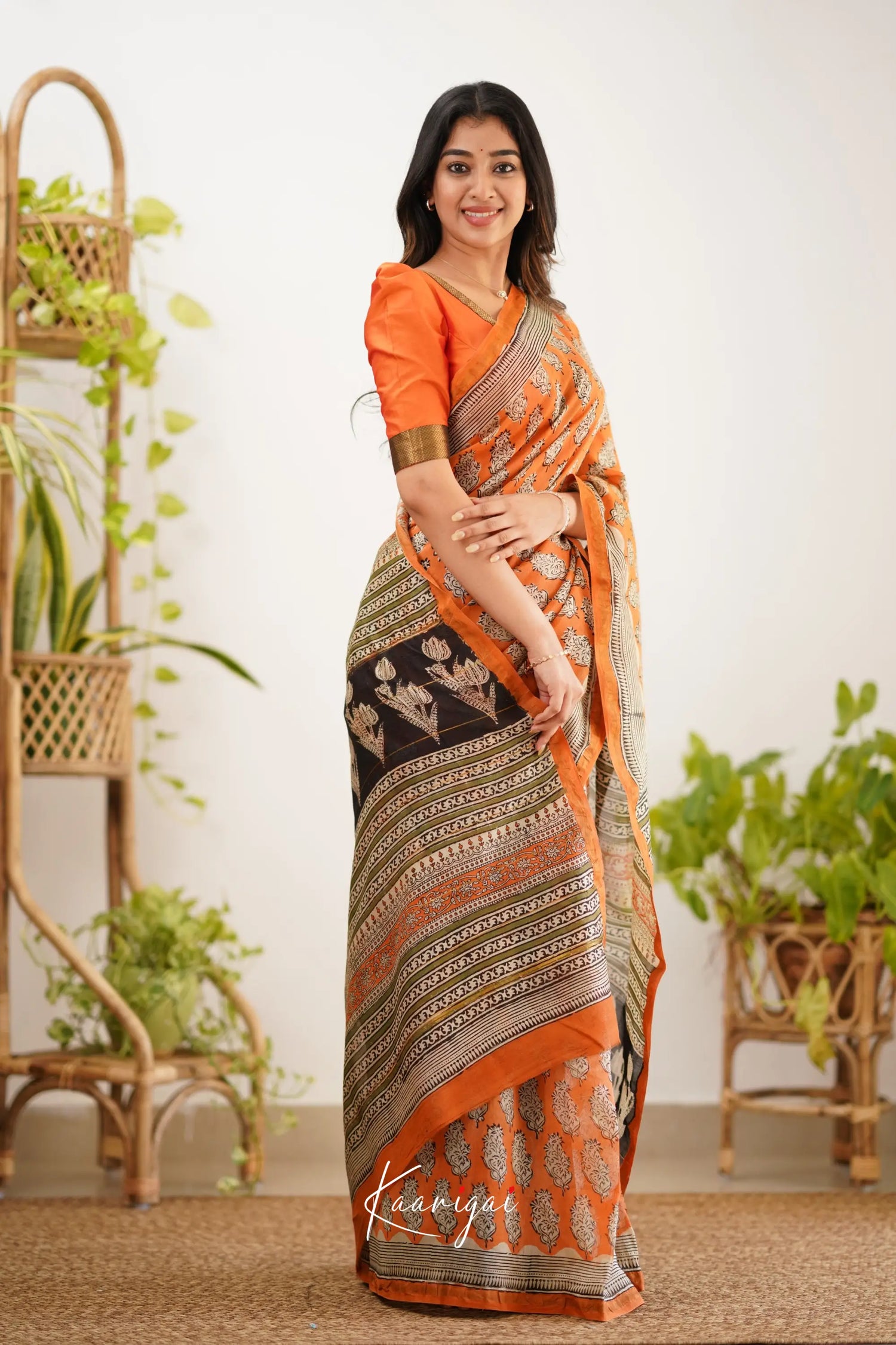 Chaavi Chanderi Saree - Orange And Olive Green Sarees