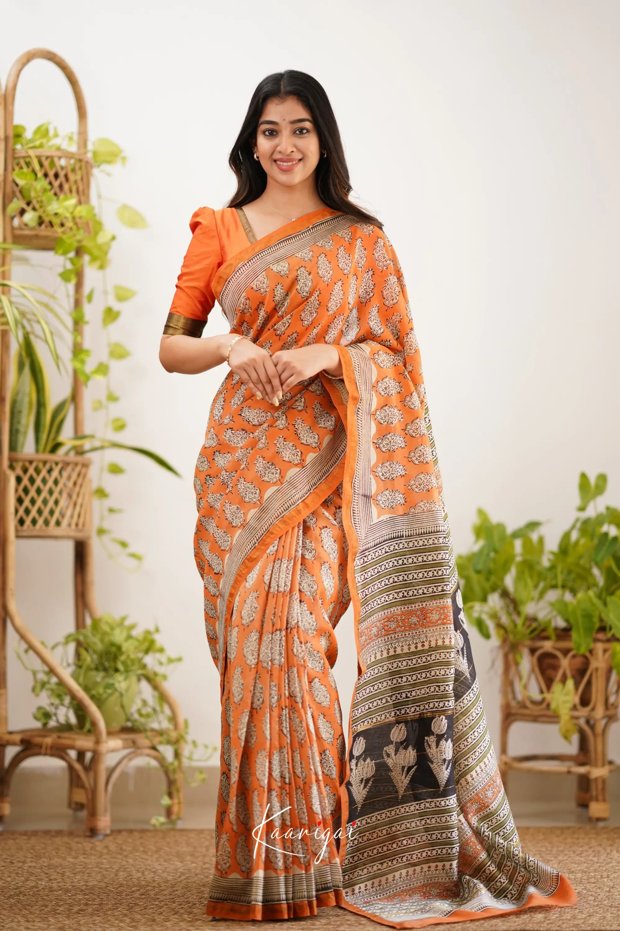 Chaavi Chanderi Saree - Orange And Olive Green Sarees