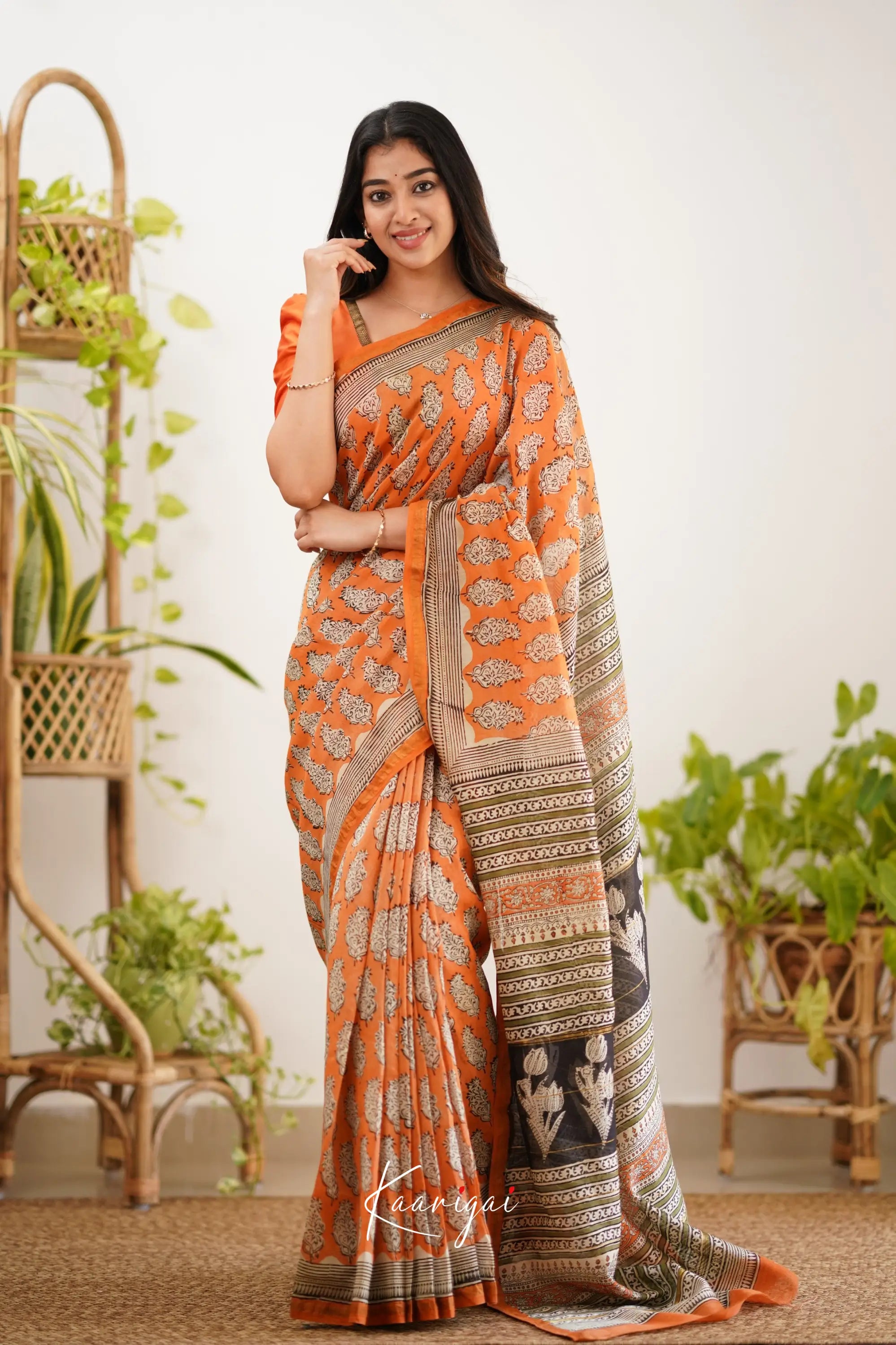 Chaavi Chanderi Saree - Orange And Olive Green Sarees