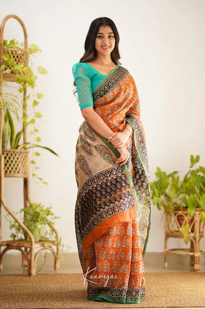 Chaavi Chanderi Saree - Orange And Teal Green Sarees