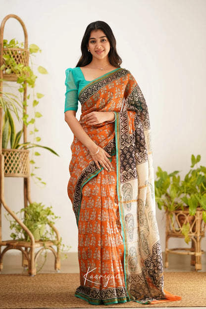 Chaavi Chanderi Saree - Orange And Teal Green Sarees