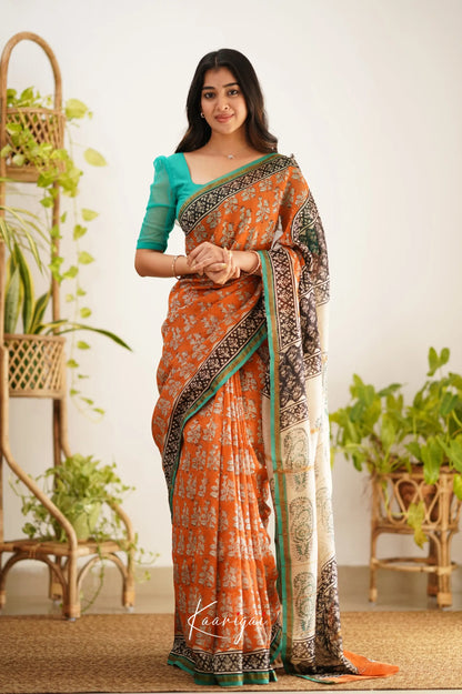 Chaavi Chanderi Saree - Orange And Teal Green Sarees