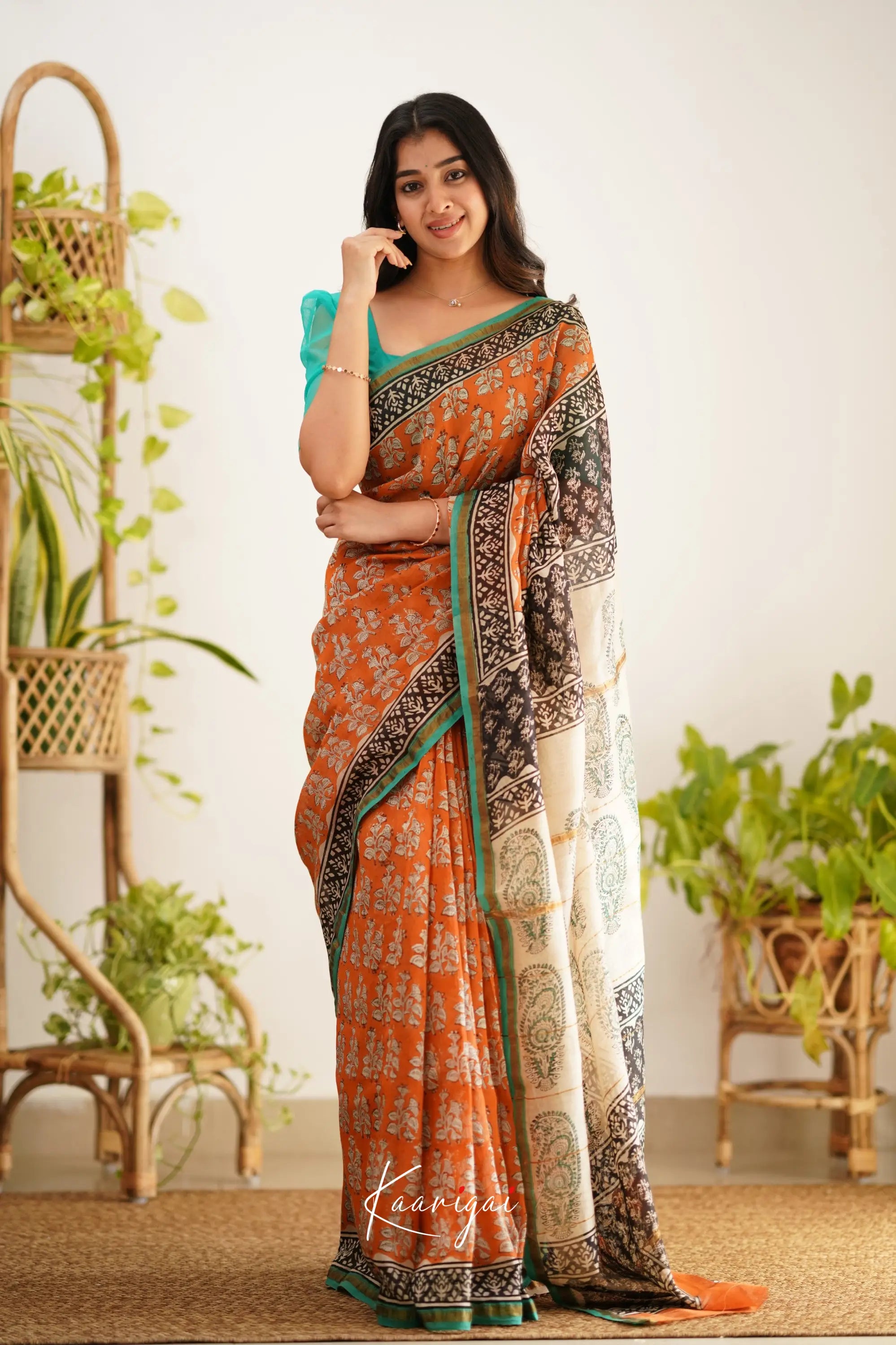 Chaavi Chanderi Saree - Orange And Teal Green Sarees