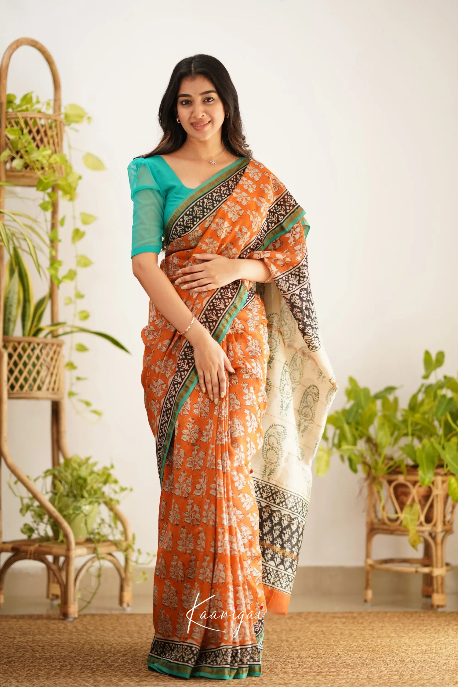 Chaavi Chanderi Saree - Orange And Teal Green Sarees