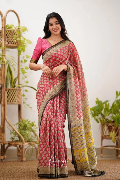 Chaavi Chanderi Saree - Bright Pink And Black Sarees