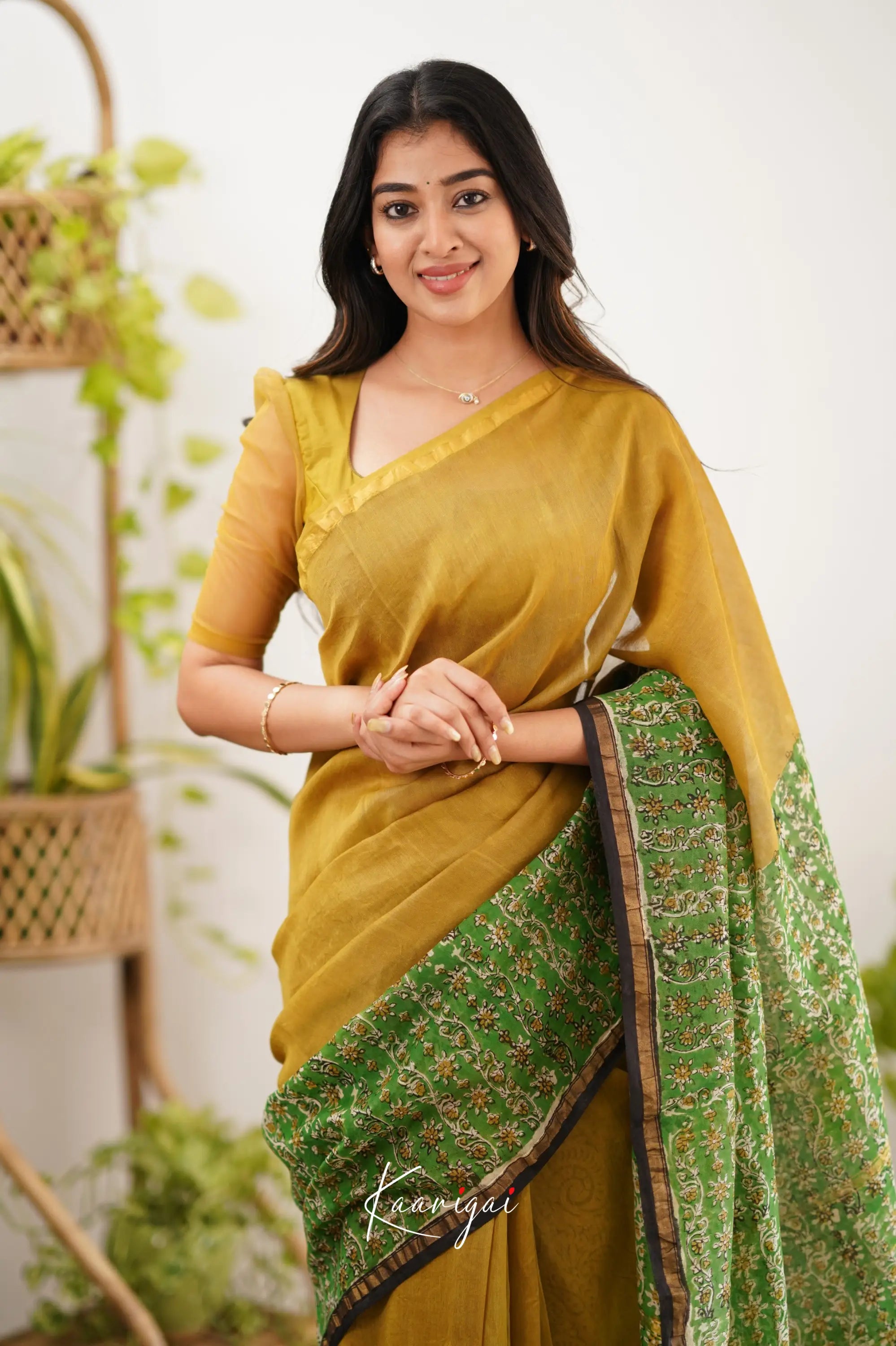 Chaavi Chanderi Saree - Mustard Yellow And Green Sarees