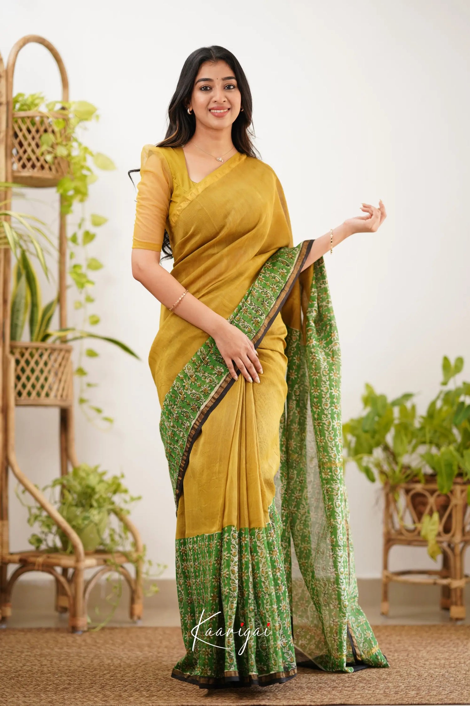 Chaavi Chanderi Saree - Mustard Yellow And Green Sarees