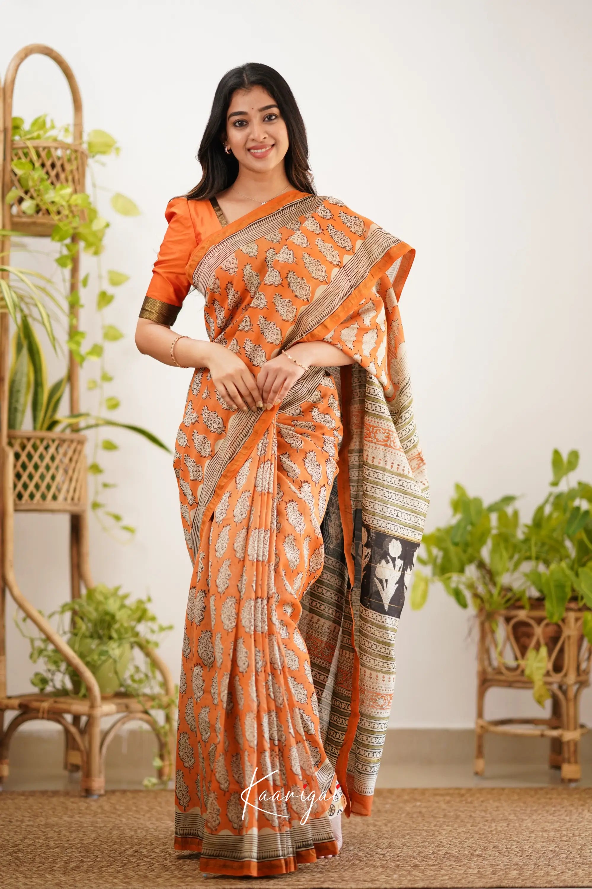 Chaavi Chanderi Saree - Orange And Olive Green Sarees