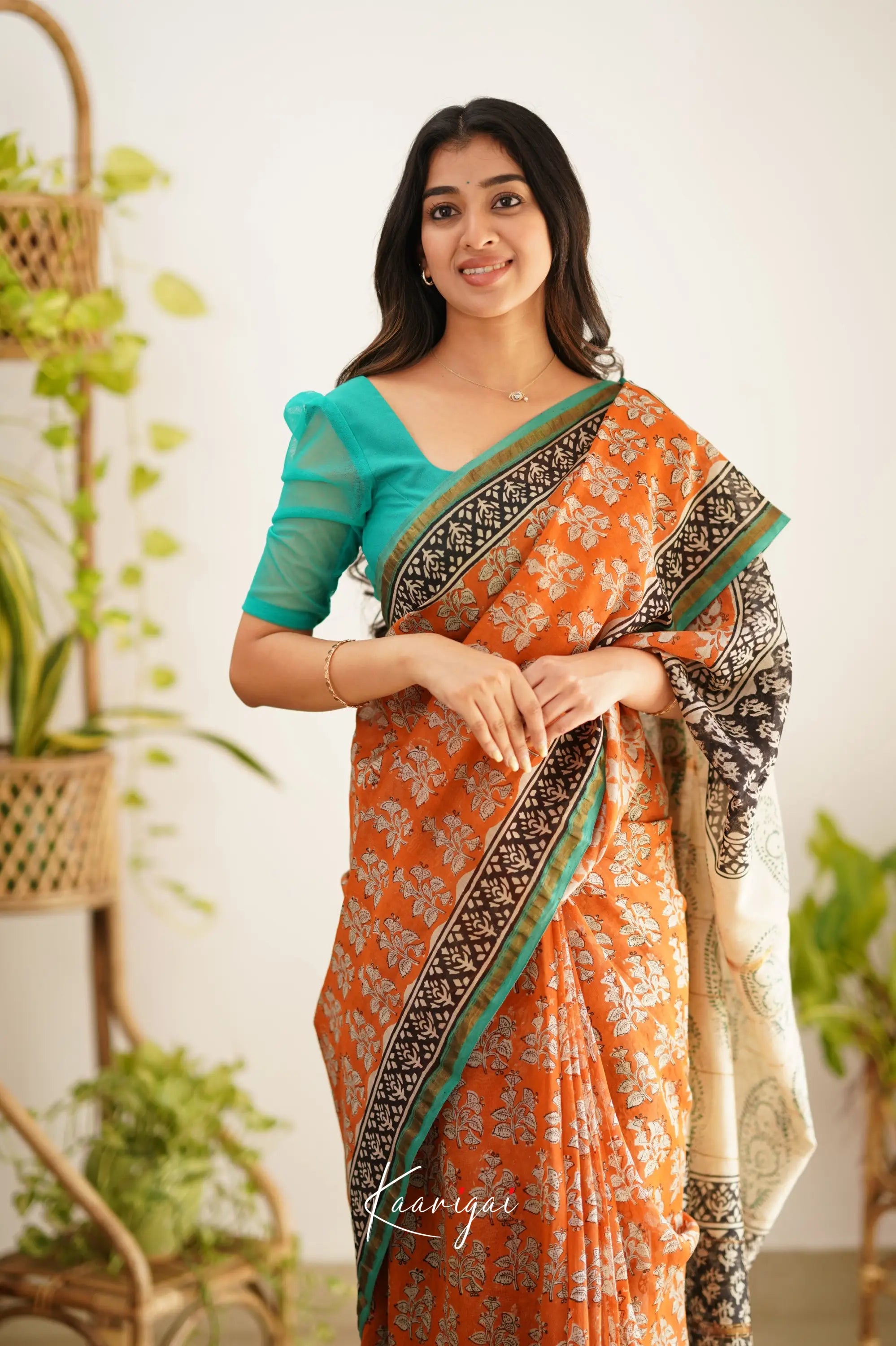 Chaavi Chanderi Saree - Orange And Teal Green Sarees