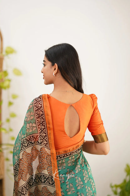 Chaavi Chanderi Saree - Teal Green And Orange Sarees
