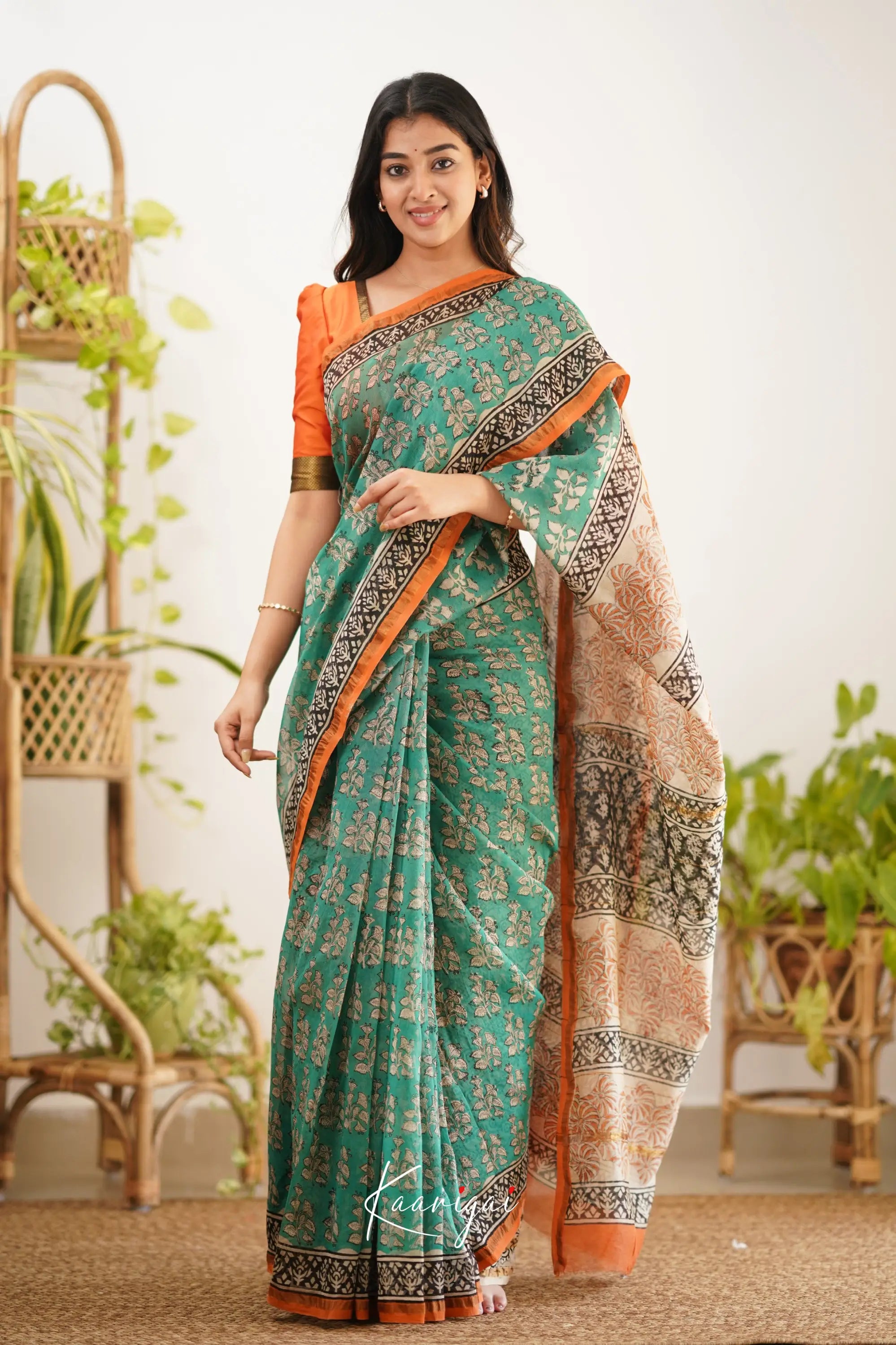 Chaavi Chanderi Saree - Teal Green And Orange Sarees