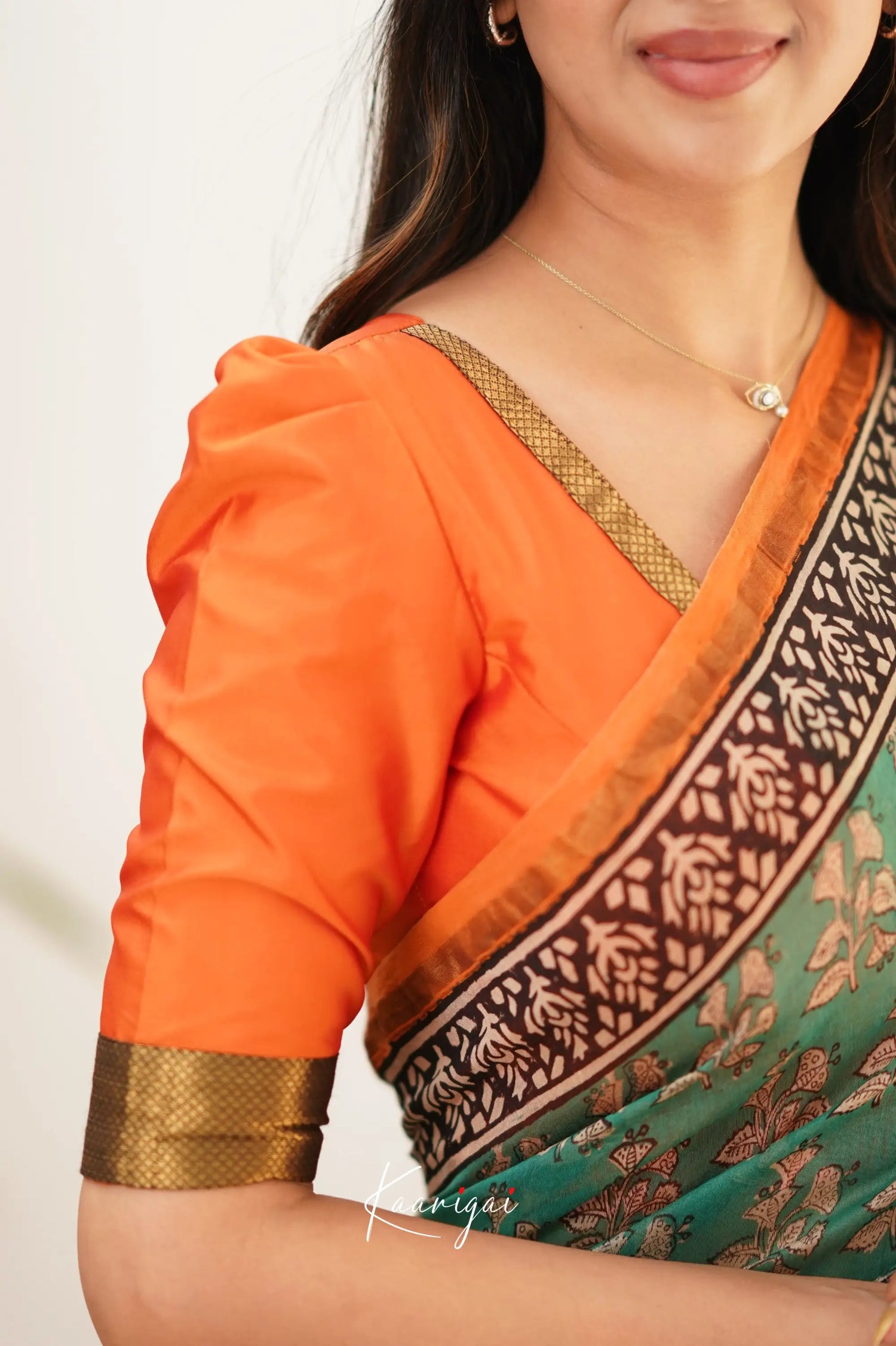 Chaavi Chanderi Saree - Teal Green And Orange Sarees