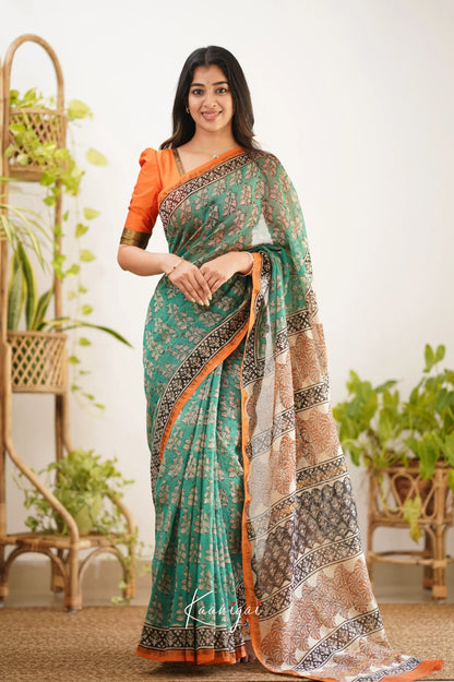 Chaavi Chanderi Saree - Teal Green And Orange Sarees