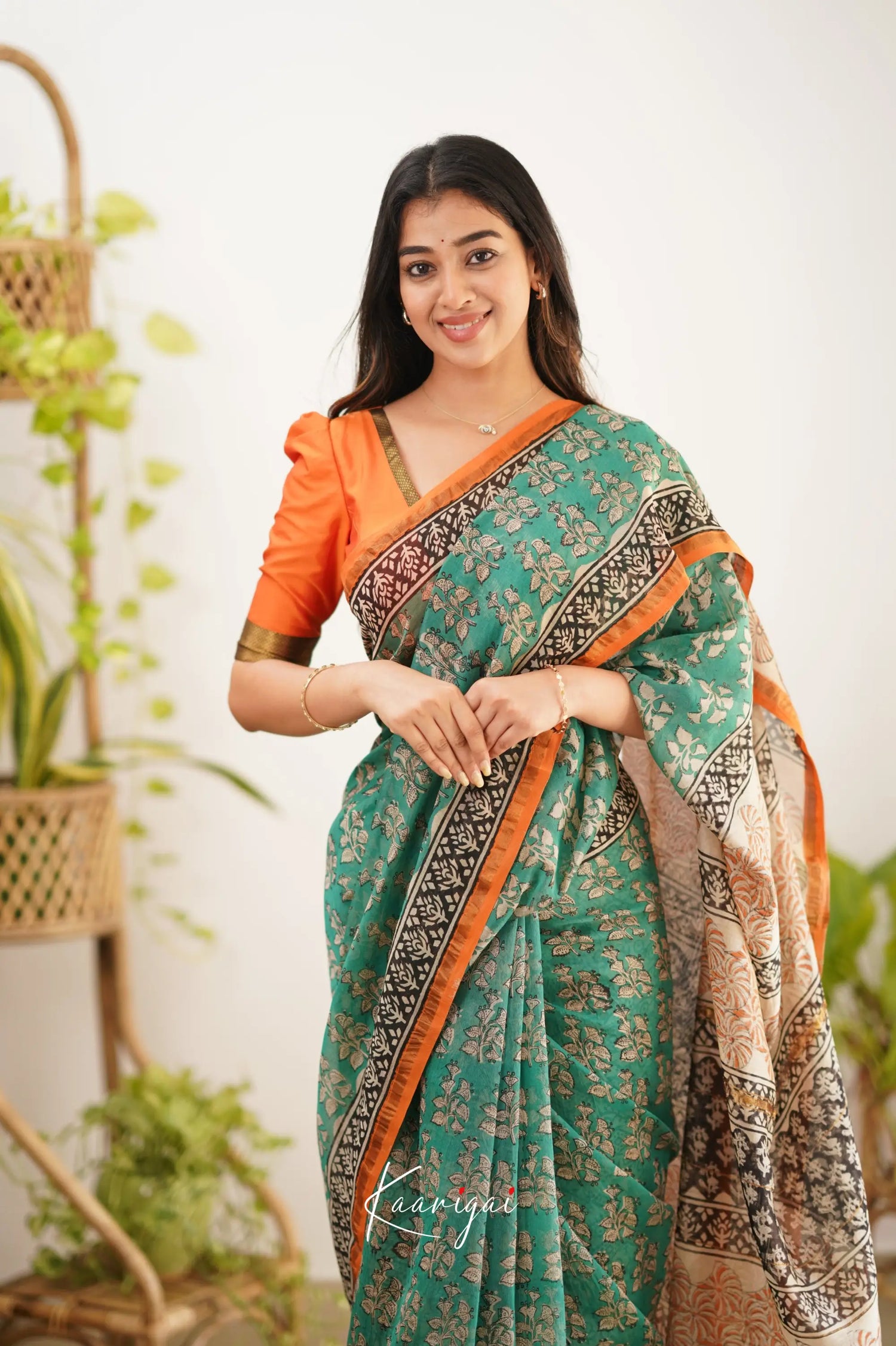 Chaavi Chanderi Saree - Teal Green And Orange Sarees